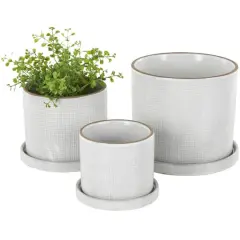 White Geometric Grid Patterned Ceramic Planter Set