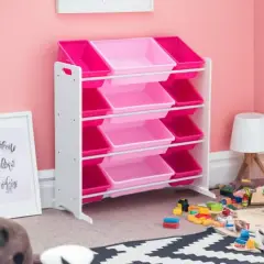 Kids Storage Organizer With 12 Plastic Bins Pink