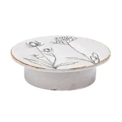 Hello Honey&reg; 12" White & Black Round Debossed Stoneware Pedestal with Flowers & Reactive Glaze