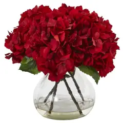 8.5" Red Hydrangea Arrangement in Glass Vase