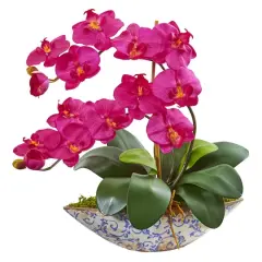 16" Moth Orchid Arrangement in Blue Floral Vase Beauty