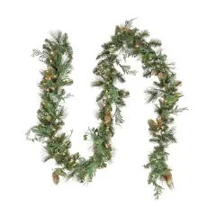 First Traditions&trade; Collection 9ft. Pre-Lit Artificial North Conway Garland with Glittery Cones & Eucalyptus, 100 Warm White LED Lights