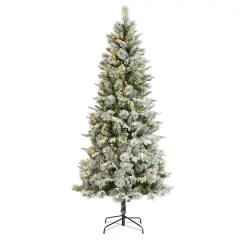 Glitzhome&reg; 7.5ft Pre-Lit Flocked Slim Pine Artificial Christmas Tree, Warm White LED Lights