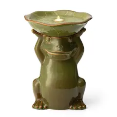 Glitzhome&reg; 21.5" LED Olive Green Frog Holding Lotus Birdbath Ceramic Outdoor Floor Fountain