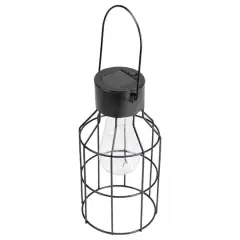9.5" Black Outdoor Geometric Hanging Solar Lantern with Handle Outdoor D&eacute;cor
