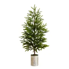 32in. Artificial Real Touch Norfolk Island Pine in Christmas Tin Metal Planter with Natural Look
