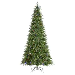 Glitzhome&reg; 9ft Pre-Lit Green Slim Fir Artificial Christmas Tree, Multicolor LED Lights
