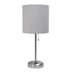 LimeLights 19.5" Stick Lamp with Charging Outlet and Fabric Shade Brushed Steel and Gray