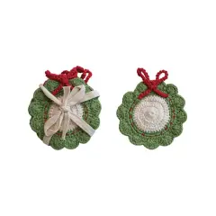 Hello Honey&reg; 4" Green, Red & White Wreath Crocheted Cotton Coasters, 4ct.