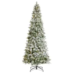 Glitzhome&reg; 11ft Pre-Lit Flocked Slim Pine Artificial Christmas Tree, Warm White LED Lights