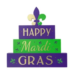 Glitzhome&reg; 11.75" Lighted Mardi Gras Wooden Fleur-de-Lis Block Table Sign
