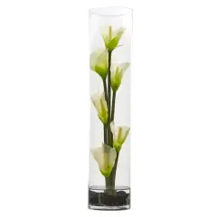 18" Mini Calla Lily Artificial Arrangement in Cylinder Glass Vase