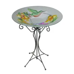 22.5" Hand Painted Glass Vibrant Hummingbird & Flowers Outdoor Garden Bird Bath