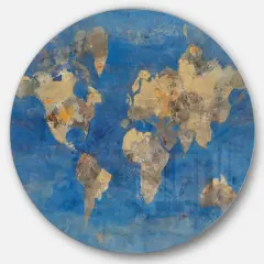 Designart - Golden Blue World Map - Traditional Metal Circle Wall Art