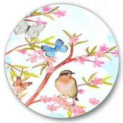 Designart - Clever Bird Sitting On Branch of A Spring Tree - Traditional Metal Circle Wall Art