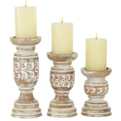 Beige Mango Wood Country Cottage Candle Holder Set