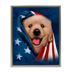 Stupell Industries Puppy & American Flag Floater Framed Art Gray