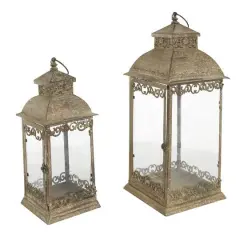 Brown Distressed Metal Candle Lantern Set