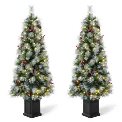 2 Pack 5ft. Pre-Lit Pine Artificial Christmas Porch Tree, Warm White LED Lights