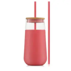 JoyJolt&reg; 20oz. Glass Tumbler with Straws & Silicone Sleeve Pink