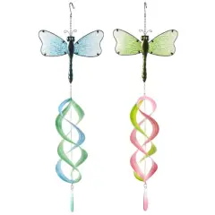 32.25" Multicolor Dragonfly Swirl Metal Wind Spinner Windchime Set