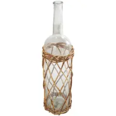 27" Clear Glass Handmade Tall Vase with Brown Rattan Woven Lower Body