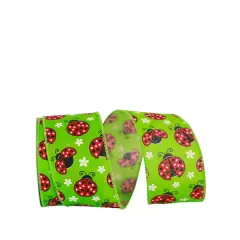 JAM Paper 2.5" x 10yd. Faux Linen Wired Apple Green Ladybug Ribbon