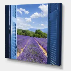 Designart - Lavender Field Through Blue Open Cottage Window - Farmhouse Canvas Wall Art Print
