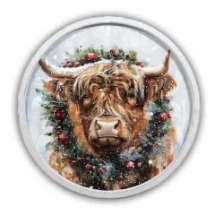 Painterly Christmas Highland 20" x 20" Round White Framed Print