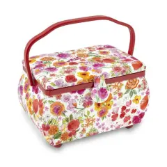 Dritz&reg; Large Red & White Floral Curved Sewing Basket