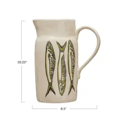 Hello Honey&reg; 10.2" Cream & Green Painted Fish Coastal Stoneware Pitcher