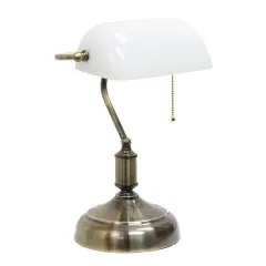 Simple Designs 15" Executive Banker's Desk Lamp with Glass Shade White/Antique Nickel