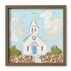16" Colorful Painted Church Wall Art in Brown Frame