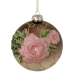 5" 2-Finish Brown & Pink Floral Applique Glass Ball Ornament