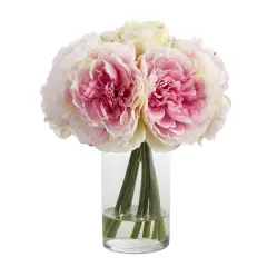 11" Pink Peony Bouquet in Glass Vase