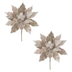 28" Beaded Velvet Poinsettia Flower Stems, 2ct. Silver/Gold