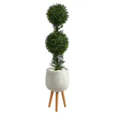 4ft. Boxwood Double Ball Topiary Artificial Tree in White Planter with Stand (Indoor/Outdoor)