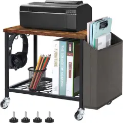 Rustic Brown 2-Tier Printer Cart with Wheels & Storage Bag