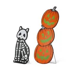 Glitzhome&reg; Halloween Wooden Skeleton Cat and Stacked Pumpkin Porch Decor Set