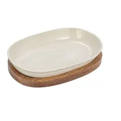 Hello Honey&reg; 13" Cream Stoneware Serving Dish with Natural Mango Wood Base