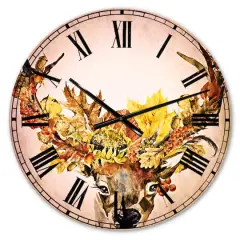 Designart Roe Deer with Flowers Traditional Wall Clock
