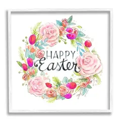 Stupell Industries Happy Easter Vivid Pink Floral Blossom Border Framed Giclee Art White