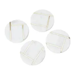 Hello Honey&reg; White Round Marble Coaster Set with Brass Inlay