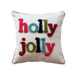 Hello Honey&reg; 16" x 16" Square Holly Jolly Cotton Slub Pillow with Tufting & Pom Pom Trim
