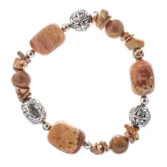 John Bead Brown Jasper Stretch Bracelet with Silver Filigree Beads