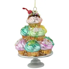 Pink & Blue Cupcake Tower Glass Christmas Ornament