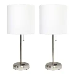 LimeLights 19.5" Brushed Steel Base Lamps with Charging Outlets, 2ct. White