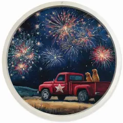 20" Goldens Watching Fireworks Round Framed Print White