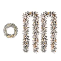 Glitzhome&reg; 36" Oversized Pre-Lit Snow Flocked Christmas Wreath & Garland Set