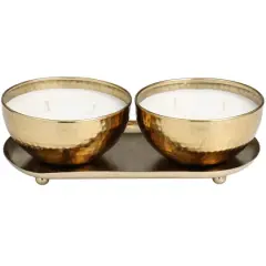 White Wax Egyptian Mint Scented Candle Set with Gold Hammered Containers and Oval Holding Tray